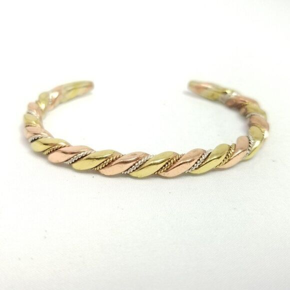 Vintage Solid Mixed Metal Cuff Bangle Bracelet, Solid Unsigned Estate - Picture 6 of 7